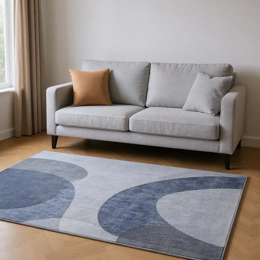 Blue And Ivory Geometric Washable Area Rug With UV Protection Photo 2