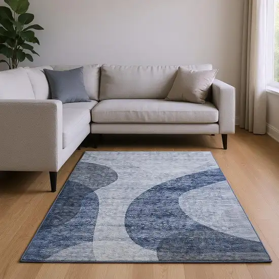 Blue And Ivory Geometric Washable Area Rug With UV Protection Photo 1