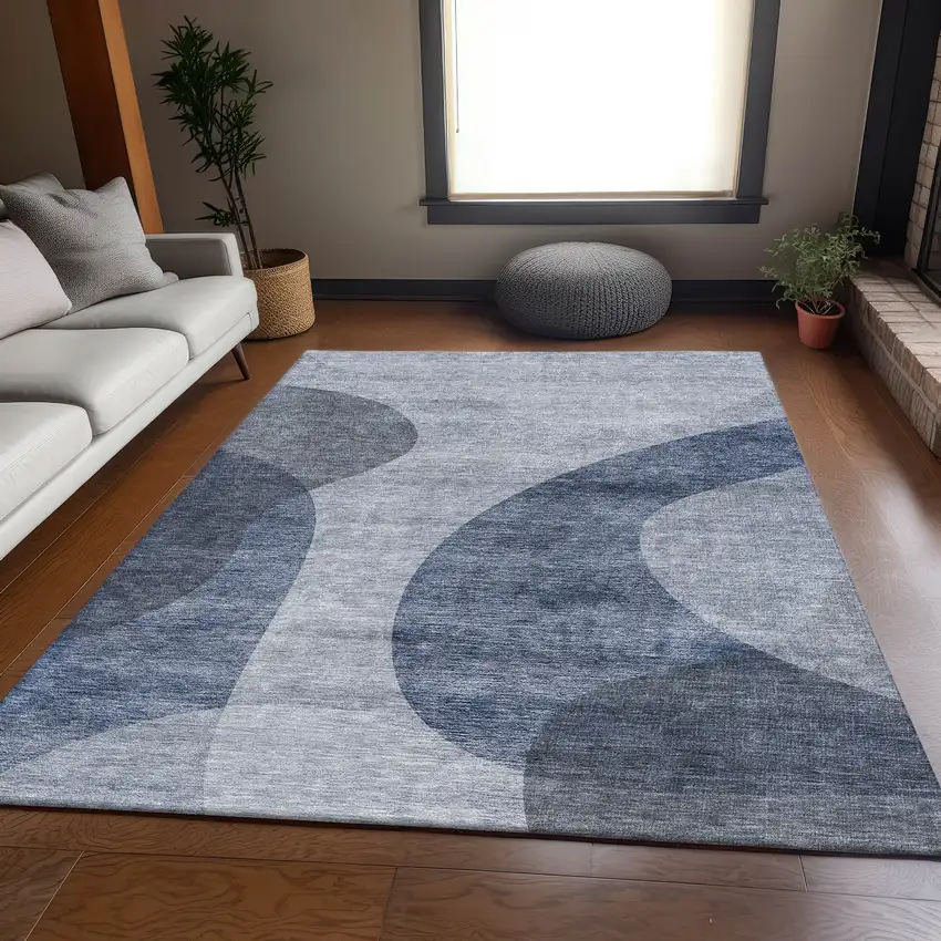 Blue And Ivory Geometric Washable Area Rug With UV Protection Photo 7