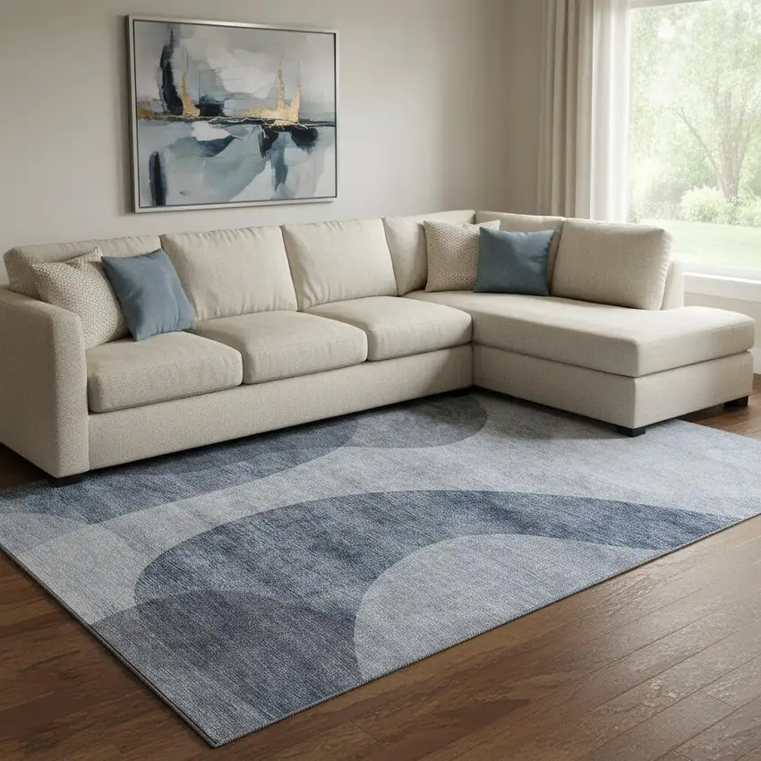 Blue And Ivory Geometric Washable Area Rug With UV Protection Photo 1