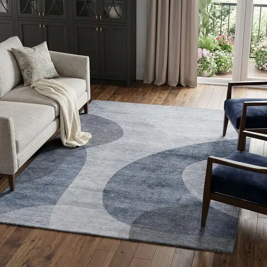 Blue And Ivory Geometric Washable Area Rug With UV Protection Photo 1