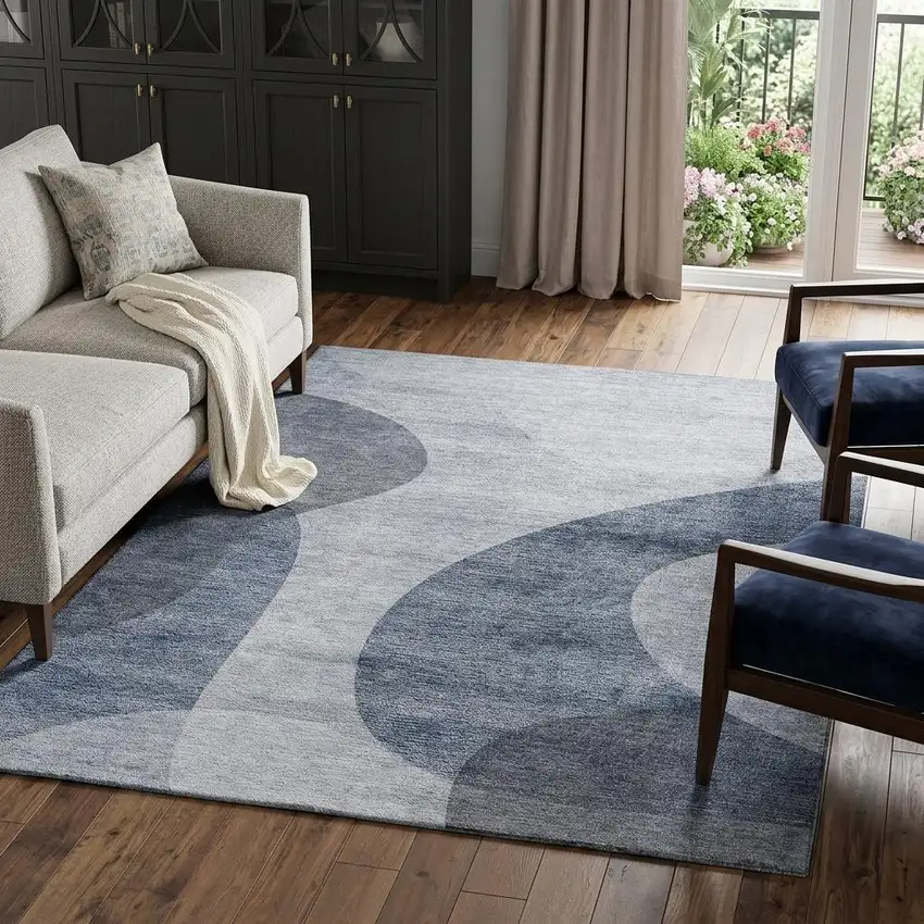 Blue And Ivory Geometric Washable Area Rug With UV Protection Photo 1