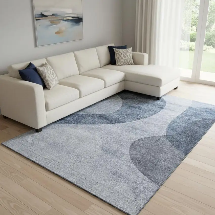 Blue And Ivory Geometric Washable Area Rug With UV Protection Photo 1