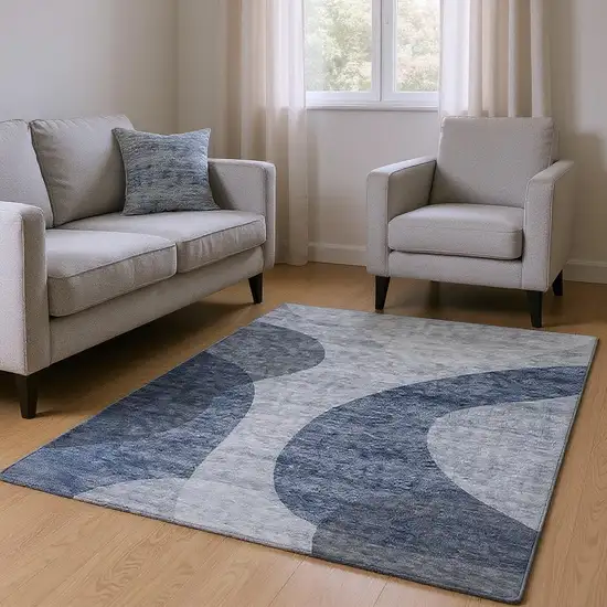 Blue And Ivory Geometric Washable Area Rug With UV Protection Photo 2