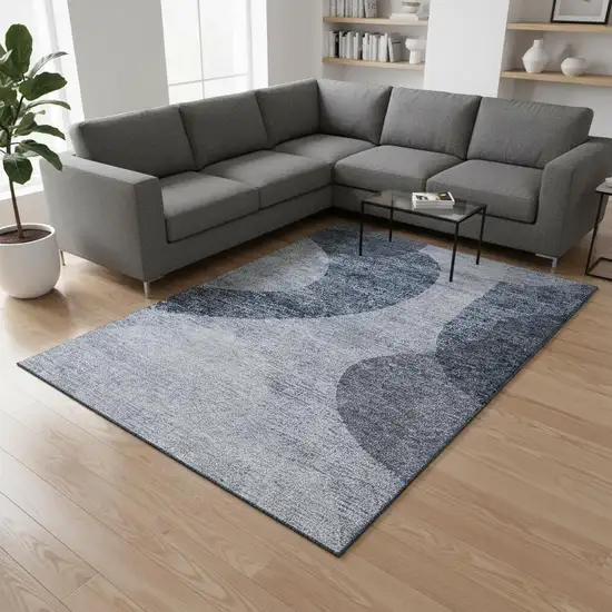 Blue And Ivory Geometric Washable Area Rug With UV Protection Photo 1