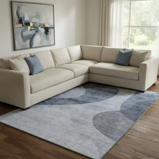 Blue And Ivory Geometric Washable Area Rug With UV Protection Photo 1