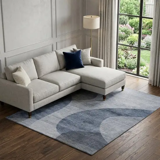 Blue And Ivory Geometric Washable Area Rug With UV Protection Photo 1