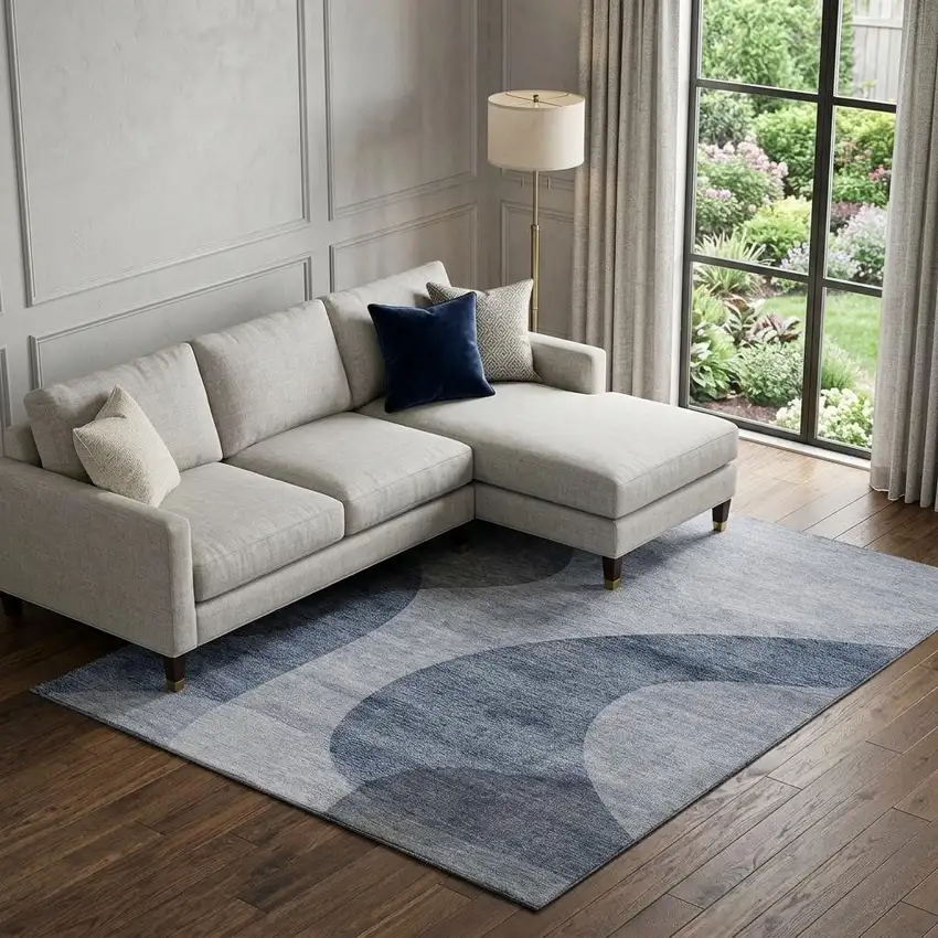 Blue And Ivory Geometric Washable Area Rug With UV Protection Photo 1