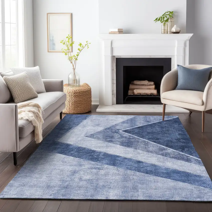Blue And Ivory Geometric Washable Area Rug With UV Protection Photo 5