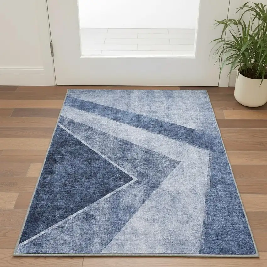 Blue And Ivory Geometric Washable Area Rug With UV Protection Photo 3