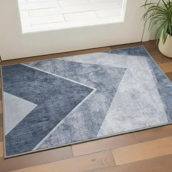 Blue And Ivory Geometric Washable Area Rug With UV Protection Photo 2