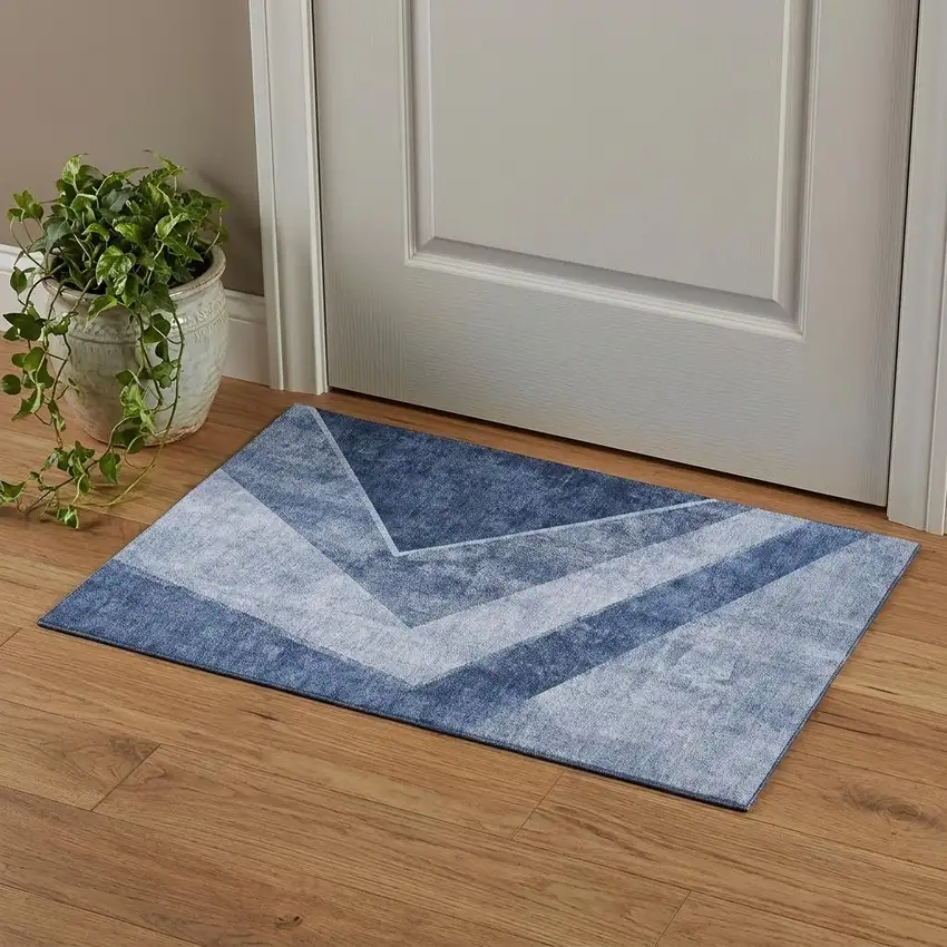 Blue And Ivory Geometric Washable Area Rug With UV Protection Photo 1