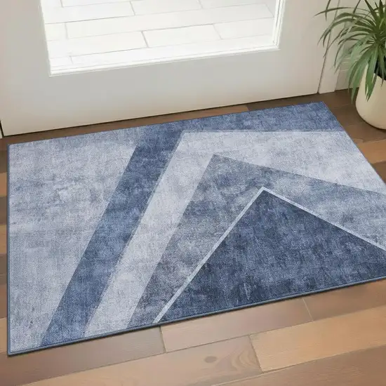 Blue And Ivory Geometric Washable Area Rug With UV Protection Photo 1