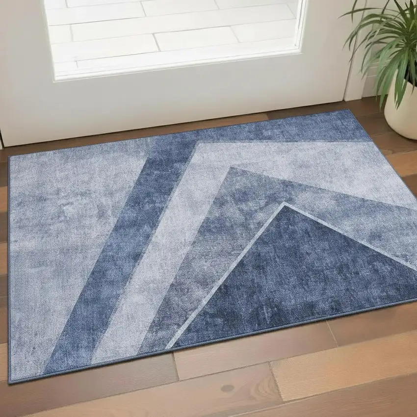 Blue And Ivory Geometric Washable Area Rug With UV Protection Photo 1