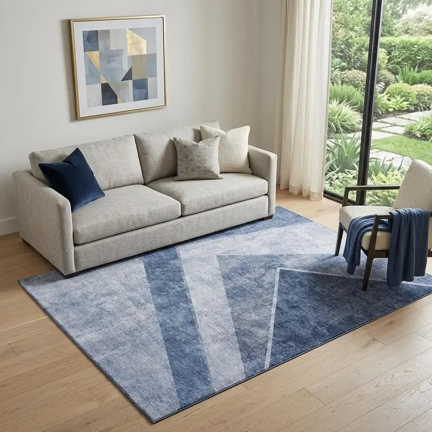 Blue And Ivory Geometric Washable Area Rug With UV Protection Photo 1