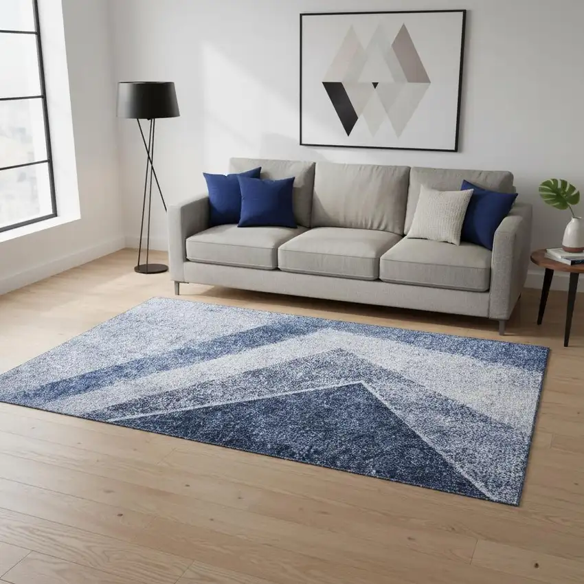 Blue And Ivory Geometric Washable Area Rug With UV Protection Photo 1