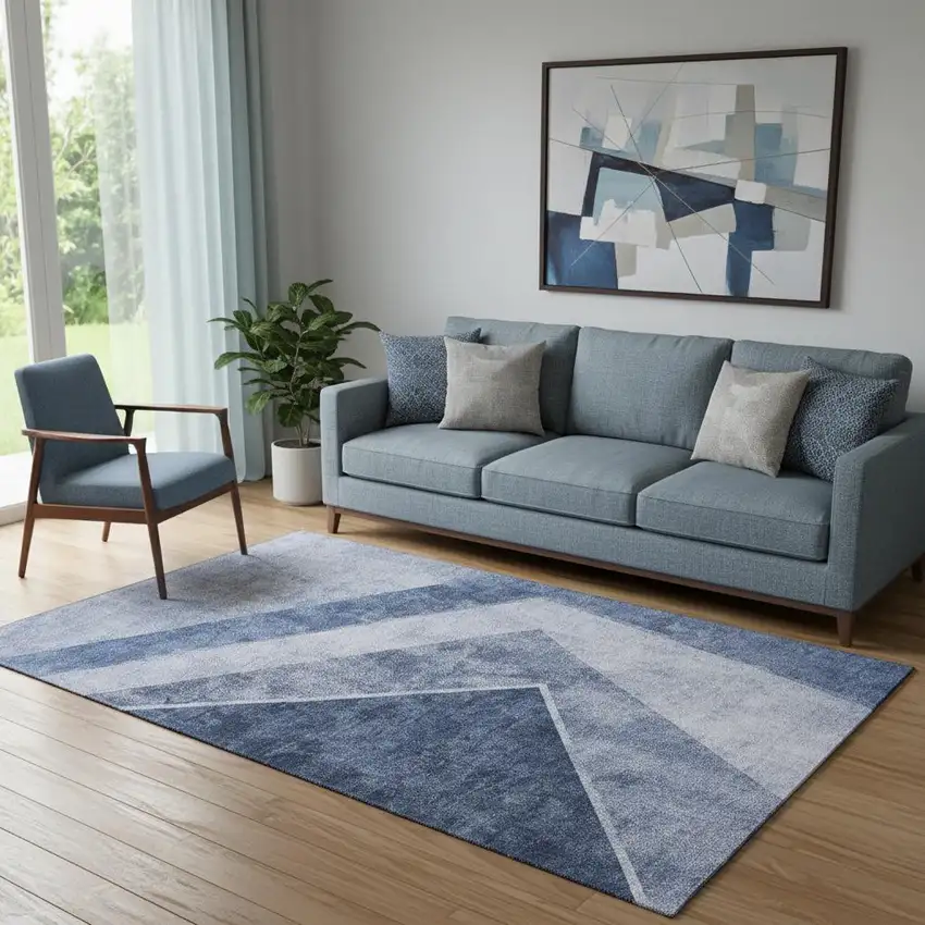 Blue And Ivory Geometric Washable Area Rug With UV Protection Photo 1