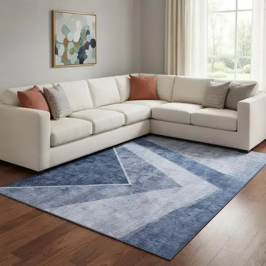 Blue And Ivory Geometric Washable Area Rug With UV Protection Photo 1
