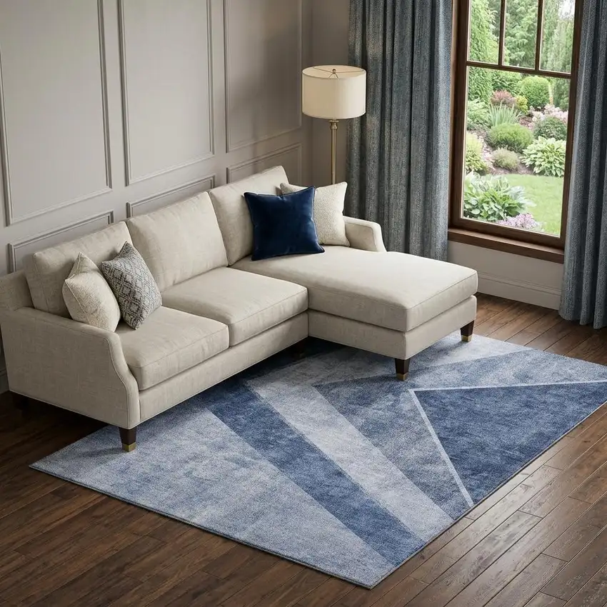 Blue And Ivory Geometric Washable Area Rug With UV Protection Photo 1