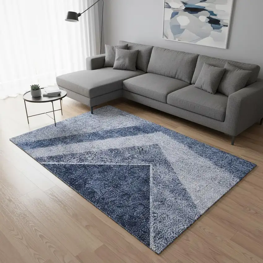 Blue And Ivory Geometric Washable Area Rug With UV Protection Photo 1