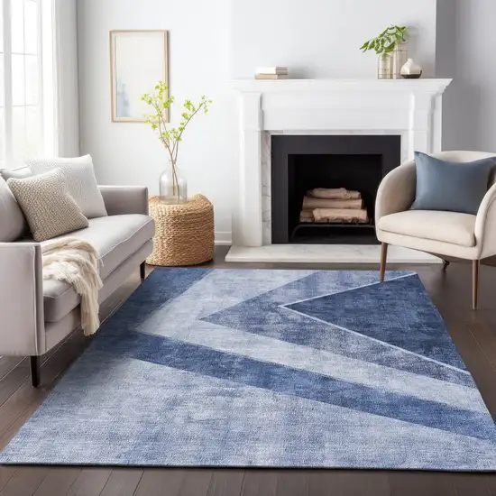 Blue And Ivory Geometric Washable Area Rug With UV Protection Photo 5