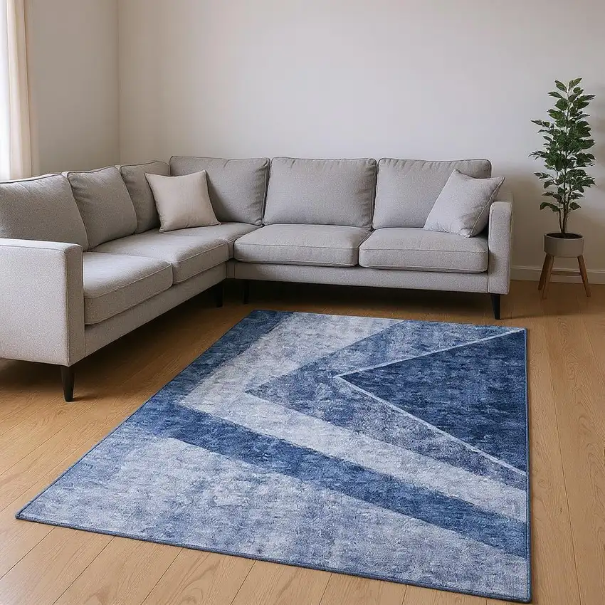 Blue And Ivory Geometric Washable Area Rug With UV Protection Photo 1