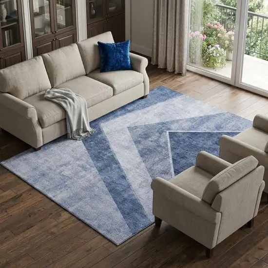 Blue And Ivory Geometric Washable Area Rug With UV Protection Photo 1