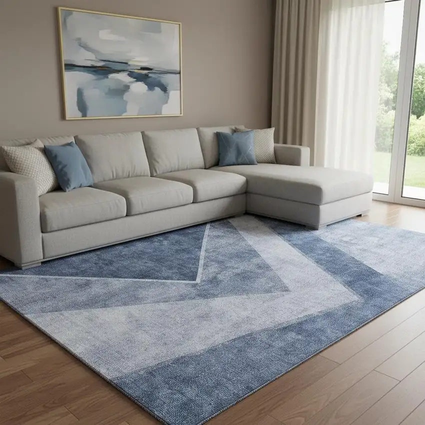 Blue And Ivory Geometric Washable Area Rug With UV Protection Photo 1