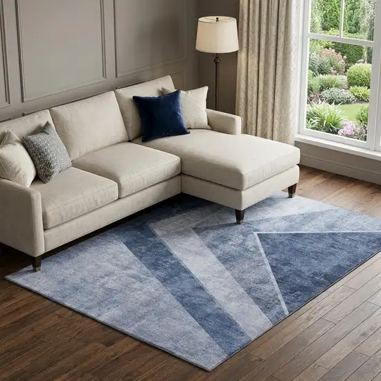 Blue And Ivory Geometric Washable Area Rug With UV Protection Photo 1