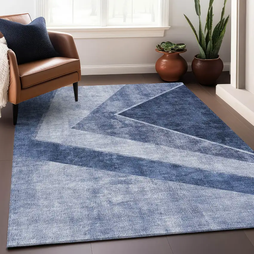 Blue And Ivory Geometric Washable Area Rug With UV Protection Photo 4