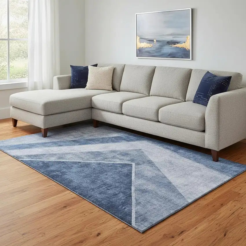 Blue And Ivory Geometric Washable Area Rug With UV Protection Photo 1