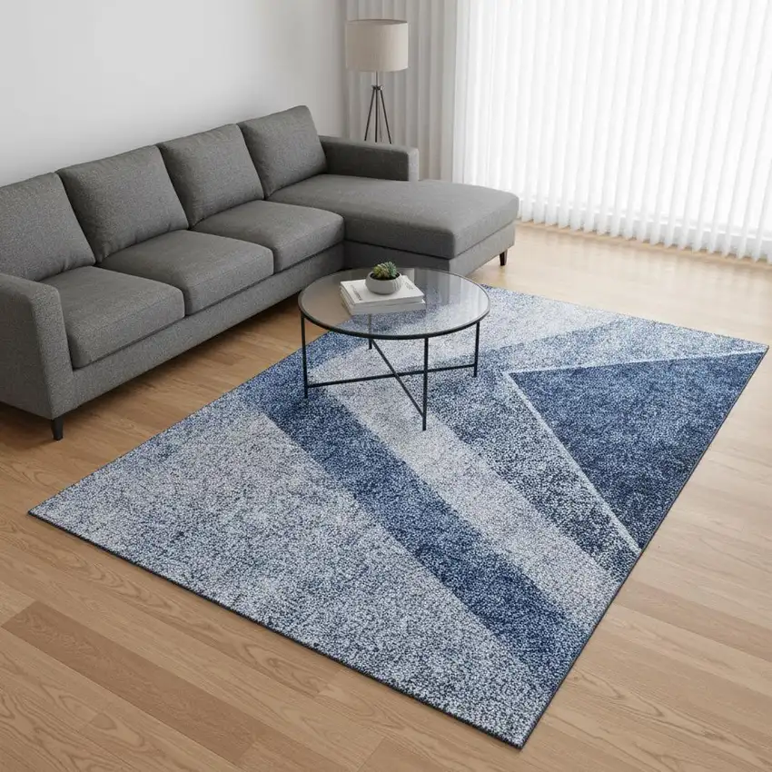 Blue And Ivory Geometric Washable Area Rug With UV Protection Photo 1