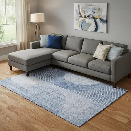 Blue And Ivory Geometric Washable Area Rug With UV Protection Photo 1