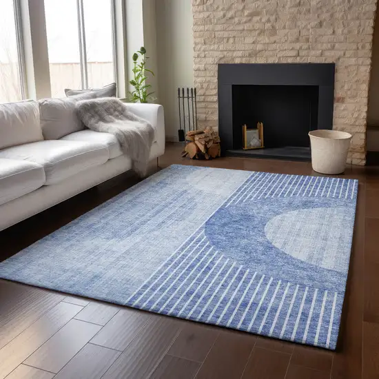 Blue And Ivory Geometric Washable Area Rug With UV Protection Photo 1