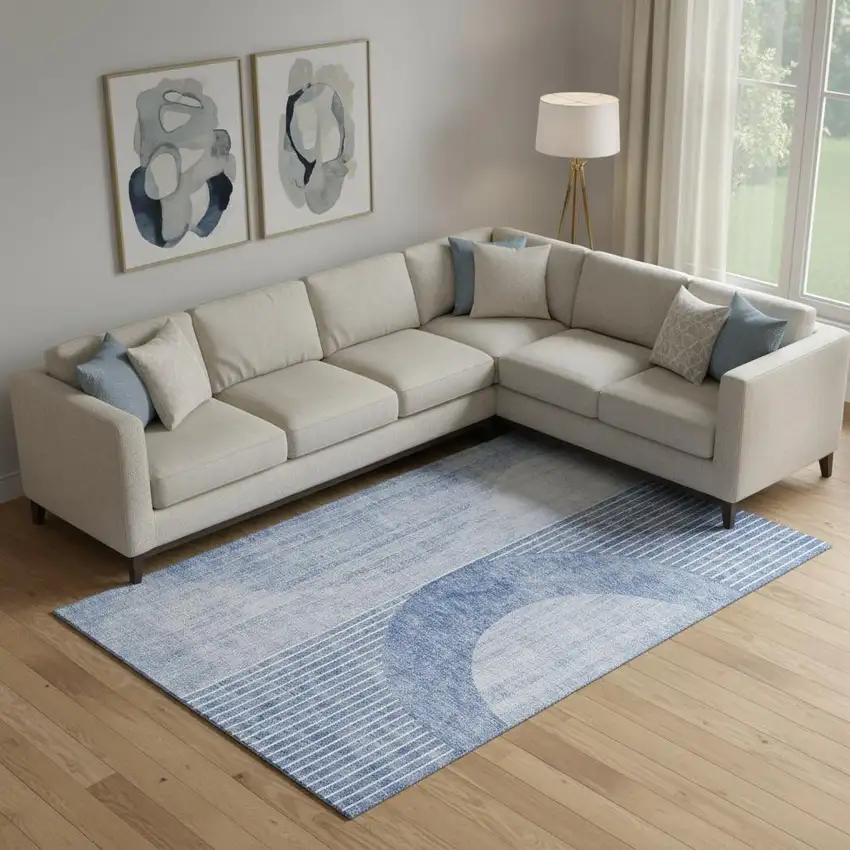 Blue And Ivory Geometric Washable Area Rug With UV Protection Photo 1