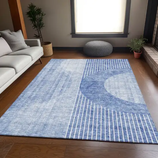 Blue And Ivory Geometric Washable Area Rug With UV Protection Photo 2