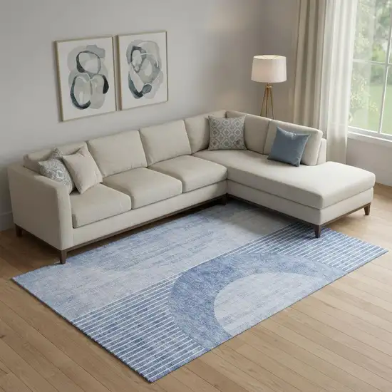 Blue And Ivory Geometric Washable Area Rug With UV Protection Photo 1
