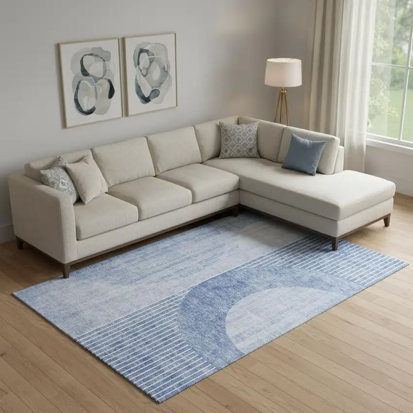 Blue And Ivory Geometric Washable Area Rug With UV Protection Photo 1