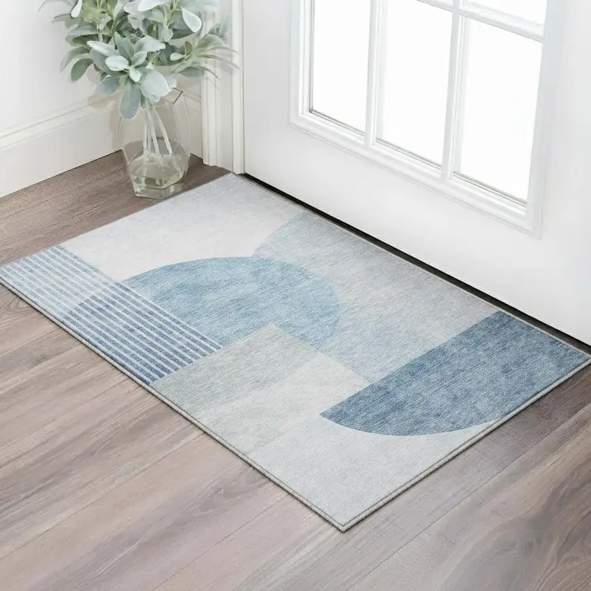 Blue And Ivory Geometric Washable Area Rug With UV Protection Photo 2