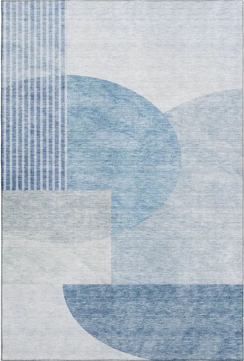 Blue And Ivory Geometric Washable Area Rug With UV Protection Photo 1