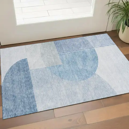 Blue And Ivory Geometric Washable Area Rug With UV Protection Photo 1