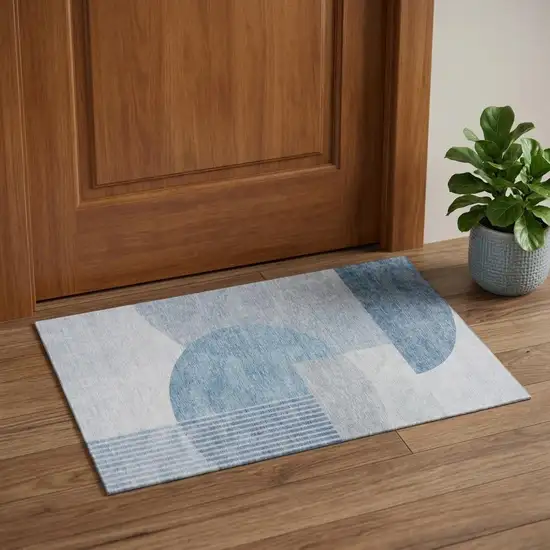 Blue And Ivory Geometric Washable Area Rug With UV Protection Photo 1
