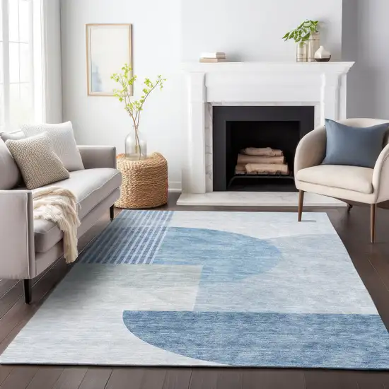 Blue And Ivory Geometric Washable Area Rug With UV Protection Photo 6