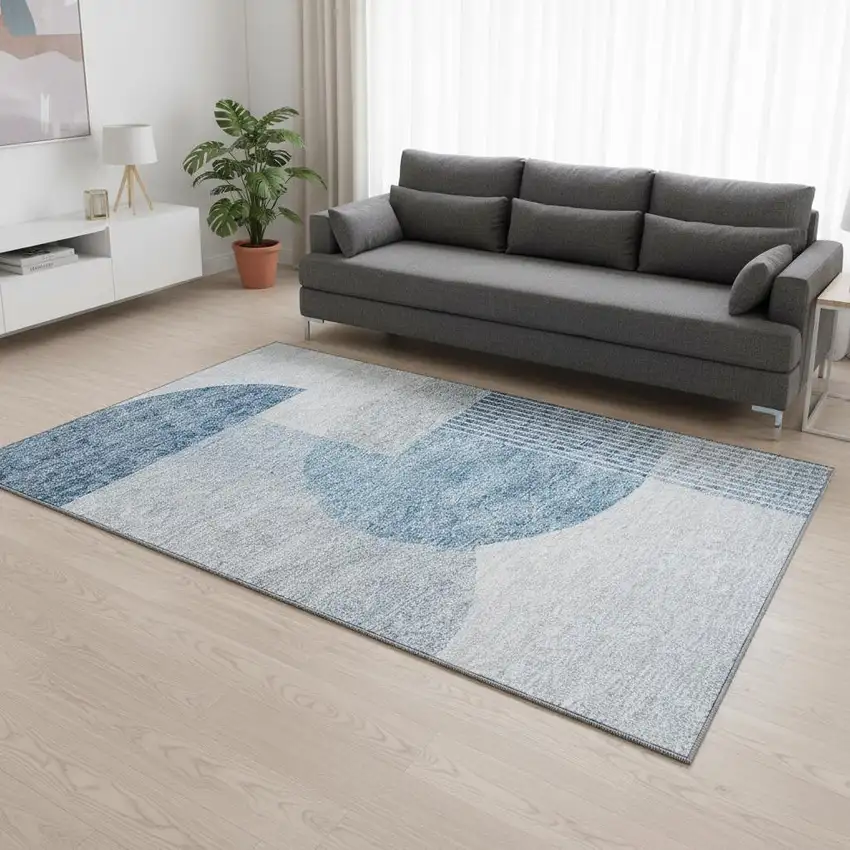 Blue And Ivory Geometric Washable Area Rug With UV Protection Photo 3