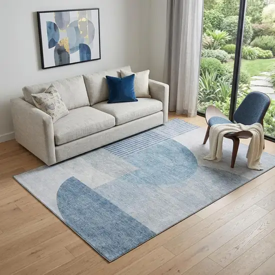 Blue And Ivory Geometric Washable Area Rug With UV Protection Photo 1