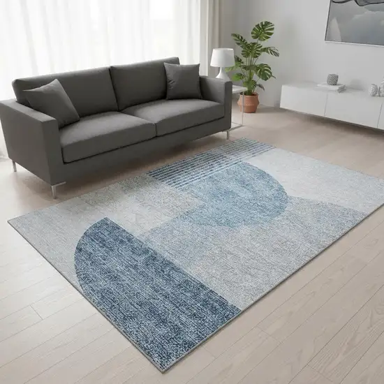 Blue And Ivory Geometric Washable Area Rug With UV Protection Photo 1