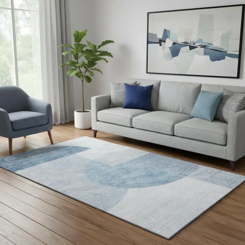 Blue And Ivory Geometric Washable Area Rug With UV Protection Photo 1