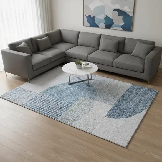 Blue And Ivory Geometric Washable Area Rug With UV Protection Photo 3