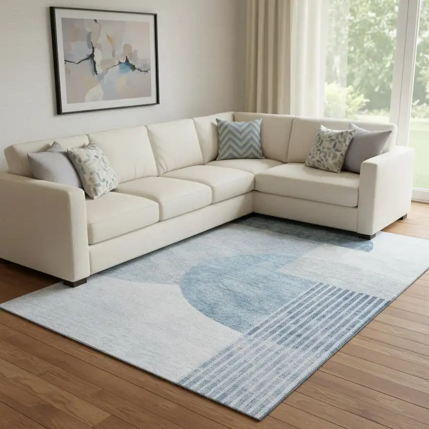 Blue And Ivory Geometric Washable Area Rug With UV Protection Photo 1