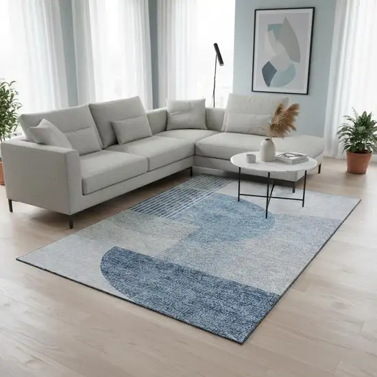Blue And Ivory Geometric Washable Area Rug With UV Protection Photo 1
